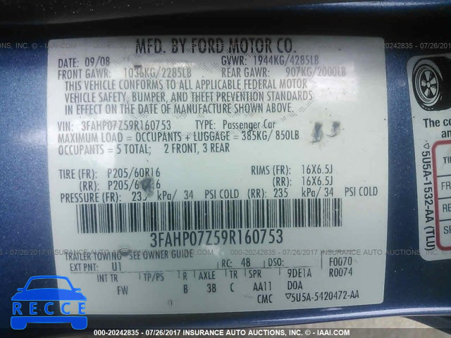 2009 FORD FUSION 3FAHP07Z59R160753 image 8