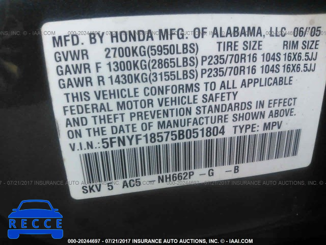 2005 Honda Pilot EXL 5FNYF18575B051804 image 8