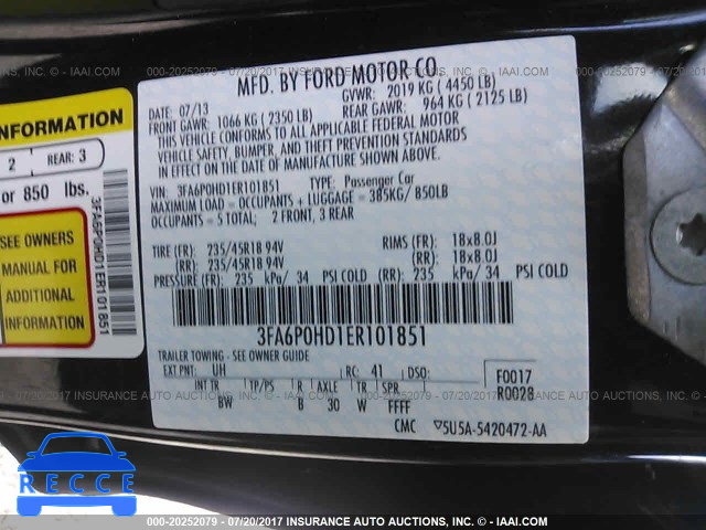 2014 Ford Fusion 3FA6P0HD1ER101851 зображення 8