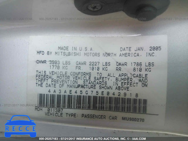2005 Mitsubishi Eclipse SPYDER GS 4A3AE45G75E042918 зображення 8