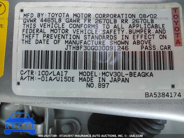 2003 Lexus ES 300 JTHBF30G030091246 Bild 8