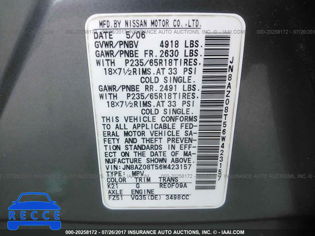 2006 Nissan Murano SL/SE/S JN8AZ08T56W423157 image 8