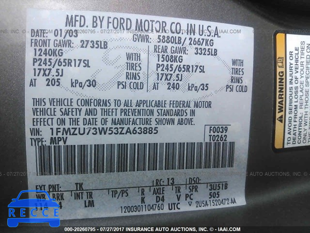 2003 FORD EXPLORER 1FMZU73W53ZA63885 image 8