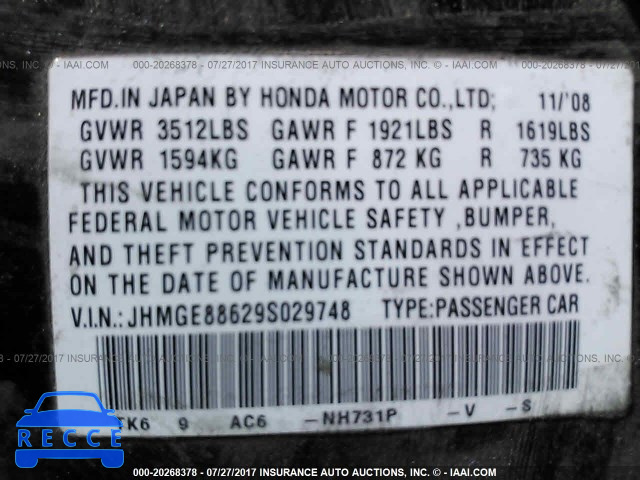2009 Honda FIT JHMGE88629S029748 image 8