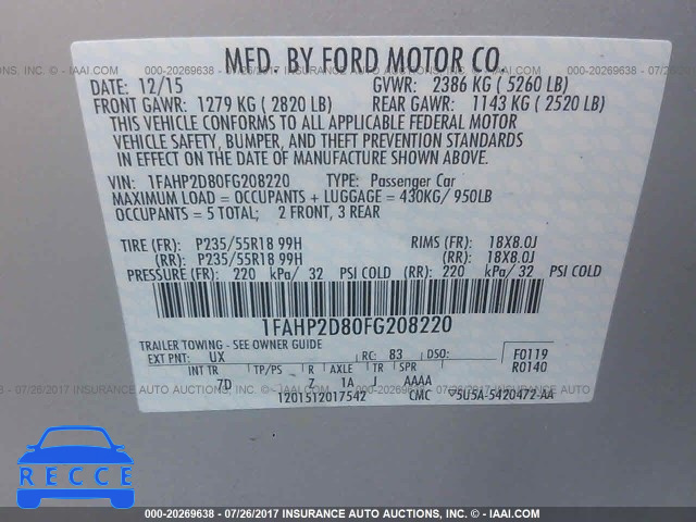2015 Ford Taurus SE 1FAHP2D80FG208220 image 8