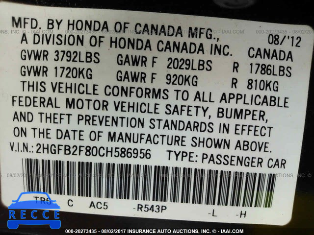 2012 Honda Civic 2HGFB2F80CH586956 image 8