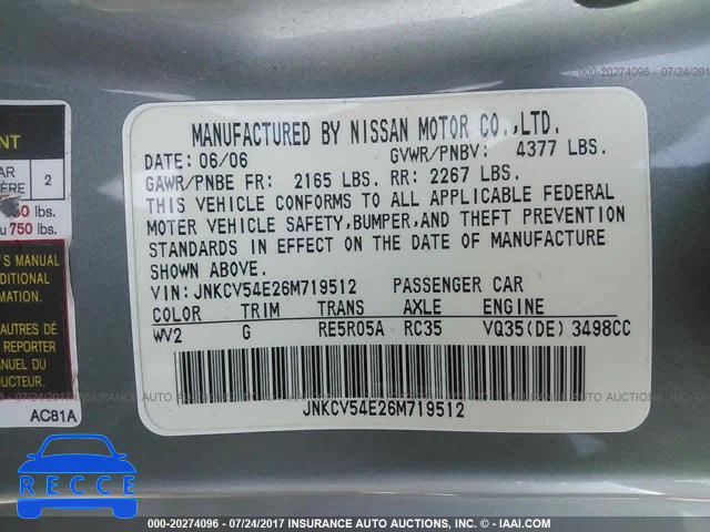 2006 Infiniti G35 JNKCV54E26M719512 image 8