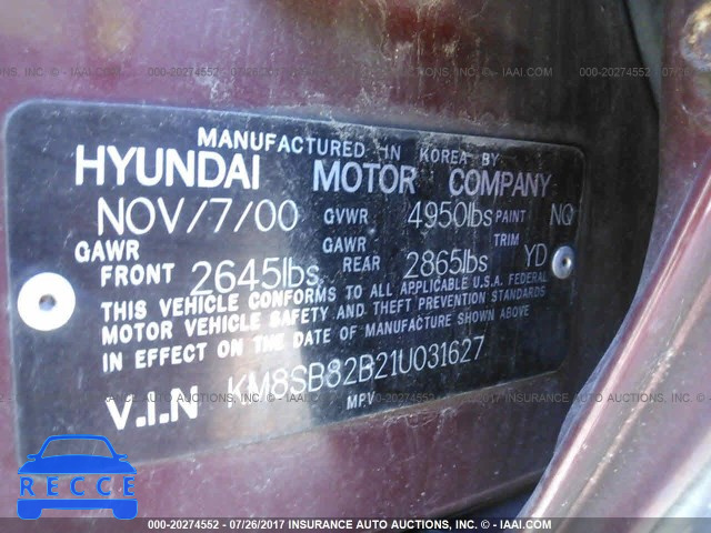 2001 Hyundai Santa Fe KM8SB82B21U031627 image 8