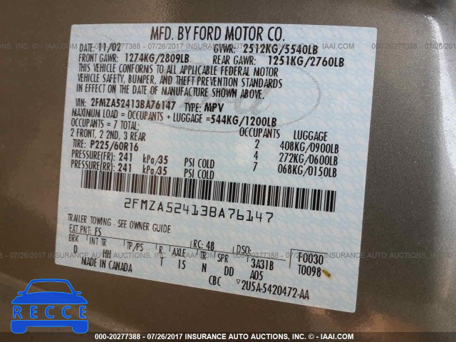 2003 FORD WINDSTAR 2FMZA52413BA76147 image 8