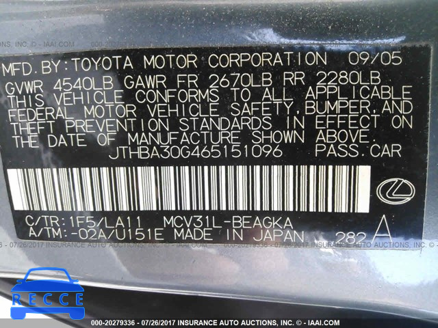 2006 Lexus ES 330 JTHBA30G465151096 image 8