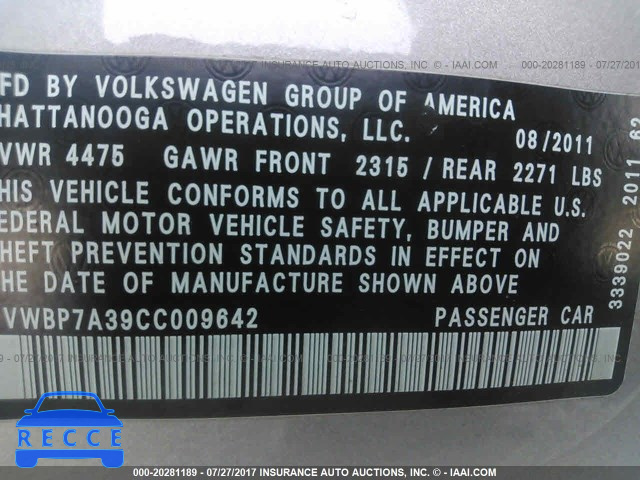 2012 Volkswagen Passat 1VWBP7A39CC009642 зображення 8