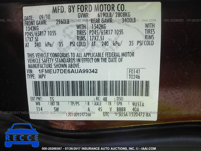 2010 Ford Explorer 1FMEU7DE6AUA99342 image 8