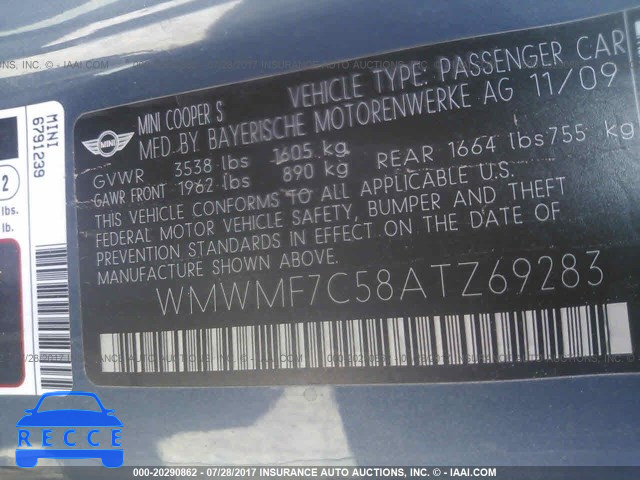2010 Mini Cooper S WMWMF7C58ATZ69283 зображення 8