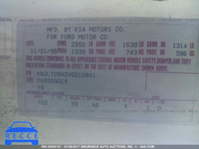 1997 Ford Aspire KNJLT05H2V6212841 image 8