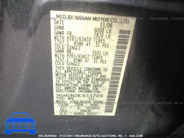 2008 Nissan Pathfinder S/LE/SE 5N1AR18U28C655709 image 8