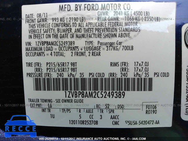 2012 Ford Mustang 1ZVBP8AM2C5249389 image 8