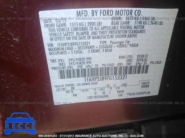 2015 Ford Taurus LIMITED 1FAHP2J89FG153321 зображення 8