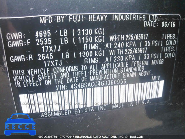 2016 SUBARU OUTBACK 4S4BSACC4G3360956 image 8