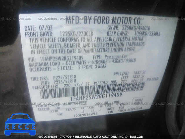 2008 Ford Taurus LIMITED 1FAHP25W28G119409 image 8