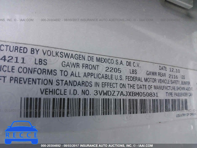 2011 Volkswagen Jetta 3VWDZ7AJXBM050831 image 8