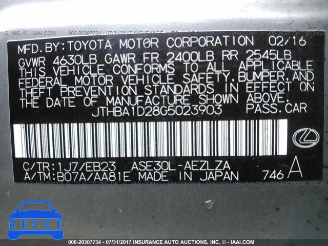 2016 Lexus IS 200T JTHBA1D28G5023903 image 8