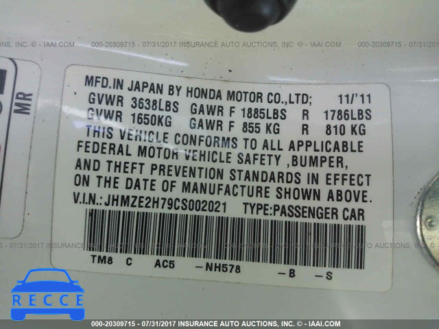 2012 Honda Insight EX JHMZE2H79CS002021 image 8