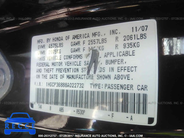 2008 HONDA ACCORD 1HGCP36888A022732 image 8