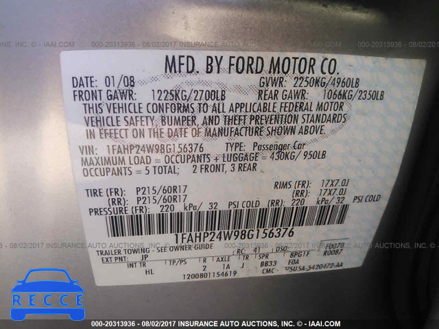 2008 Ford Taurus 1FAHP24W98G156376 image 8