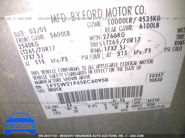 2005 Ford F250 SUPER DUTY 1FTSW21P45EC60958 image 8