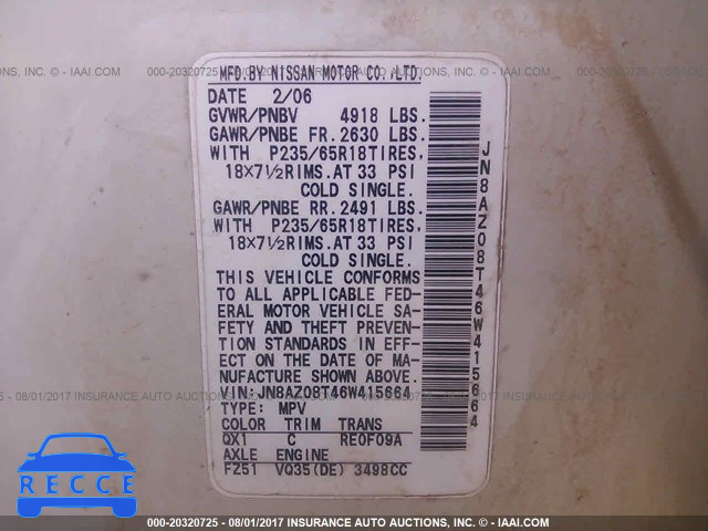 2006 Nissan Murano JN8AZ08T46W415664 image 8