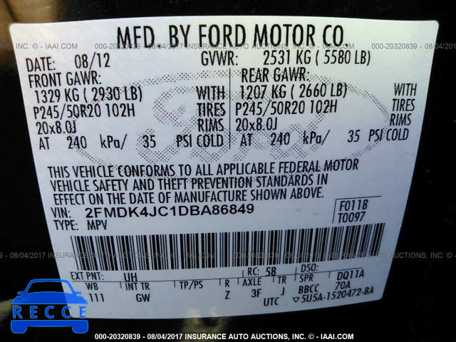 2013 Ford Edge SEL 2FMDK4JC1DBA86849 зображення 8