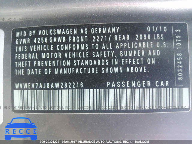 2010 Volkswagen GTI WVWEV7AJ8AW282216 зображення 8