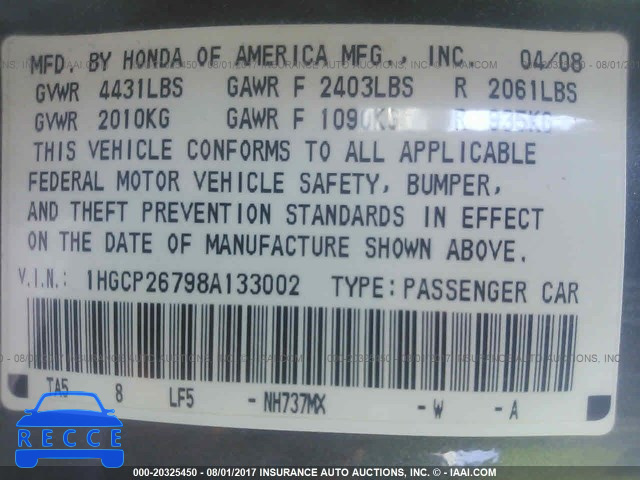 2008 Honda Accord 1HGCP26798A133002 image 8