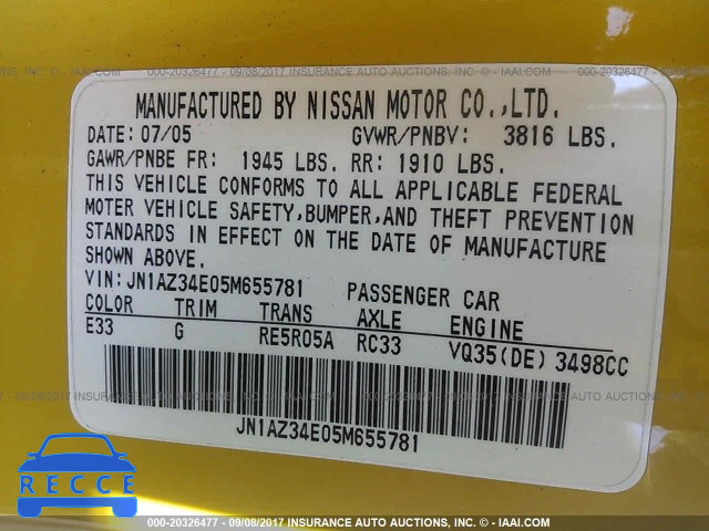 2005 Nissan 350Z JN1AZ34E05M655781 image 8
