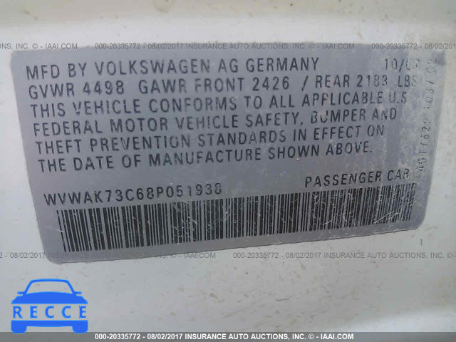 2008 Volkswagen Passat KOMFORT WVWAK73C68P051938 зображення 8