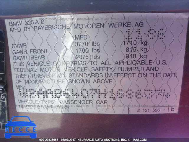 1987 BMW 325 WBAAB6407H1686374 зображення 8