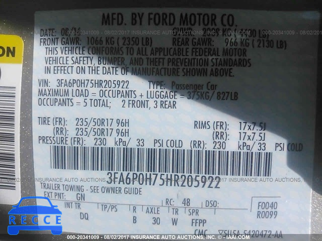 2017 FORD FUSION 3FA6P0H75HR205922 зображення 8