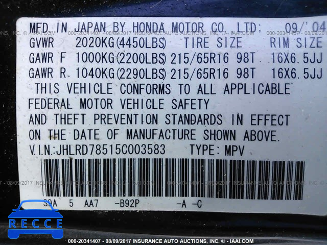 2005 Honda CR-V JHLRD78515C003583 Bild 8