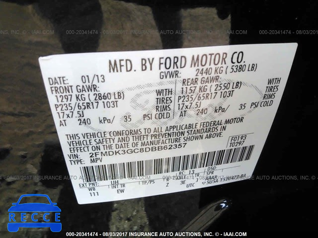 2013 Ford Edge 2FMDK3GC8DBB62357 зображення 8
