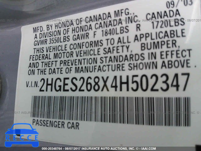 2004 Honda Civic 2HGES268X4H502347 image 8