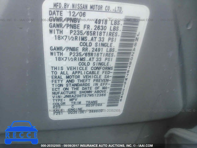2007 Nissan Murano JN8AZ08T87W512366 image 8
