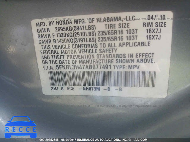 2010 Honda Odyssey 5FNRL3H47AB077491 image 8