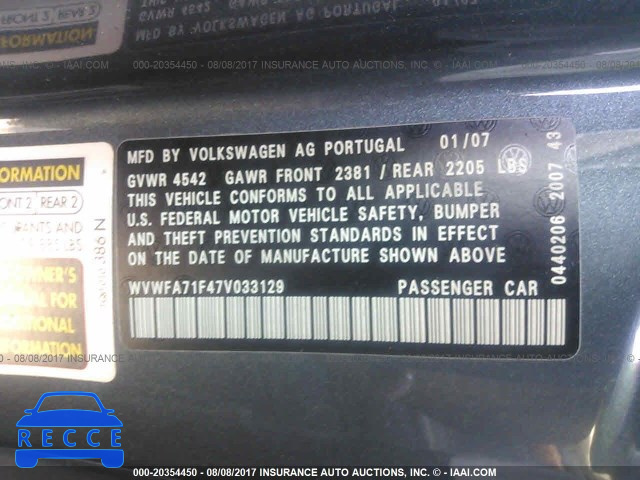2007 Volkswagen EOS 2.0T LUXURY WVWFA71F47V033129 image 8