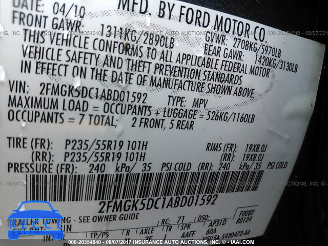2010 Ford Flex 2FMGK5DC1ABD01592 зображення 8