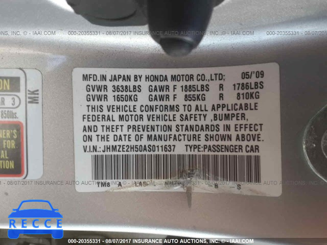 2010 Honda Insight JHMZE2H50AS011637 image 8