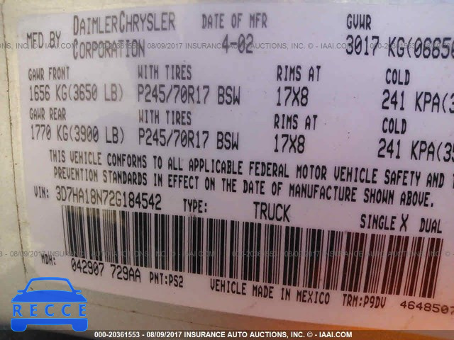 2001 DODGE RAM 1500 3D7HA18N72G184542 image 8