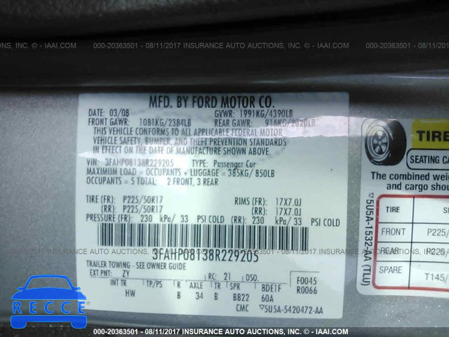 2008 Ford Fusion 3FAHP08138R229205 зображення 8