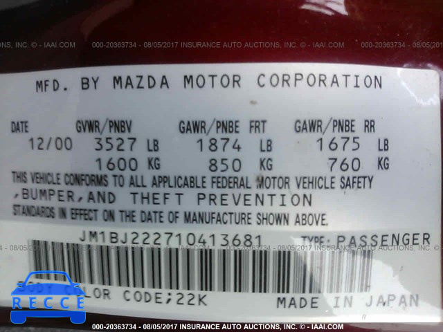 2001 Mazda Protege DX/LX JM1BJ222710413681 зображення 8