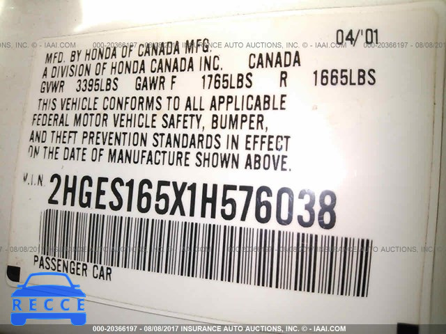 2001 Honda Civic 2HGES165X1H576038 image 8