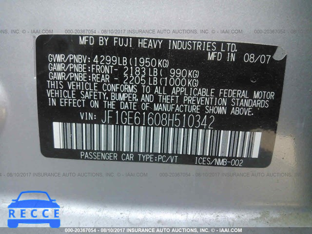 2008 Subaru Impreza 2.5I JF1GE61608H510342 image 8